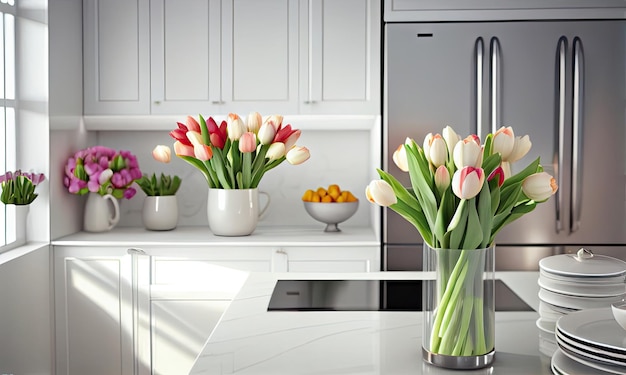 Bouquet of tulips in a bright modern kitchen generative AI