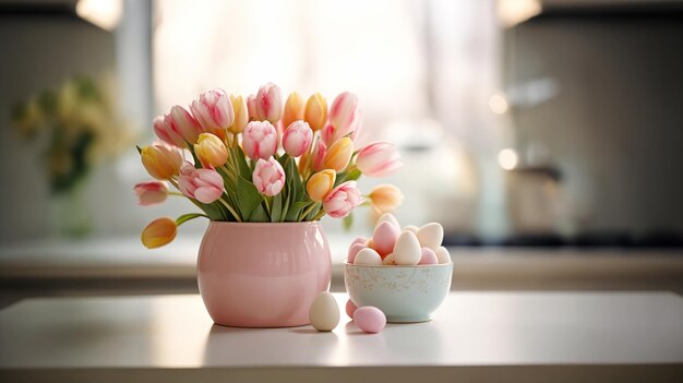 Букет тюльпанов и пасхальных яиц на столе