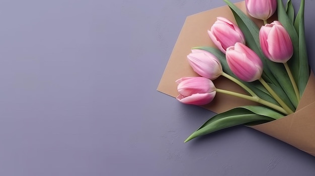 Bouquet of tulips in envelope Flat lay top view