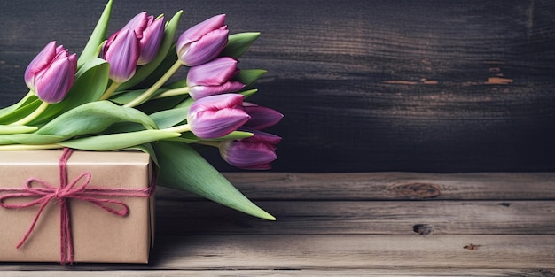 Bouquet of tulips and gift box on wooden rustic background