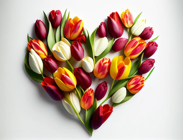 Bouquet of tulips laid out in a heart shape on a white background