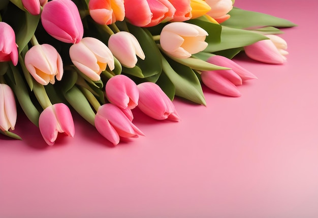 Bouquet of tulips and roses flowers laying on matt pink floor