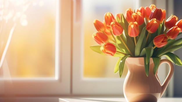 Bouquet of tulips in a vase on a background of a window with sunlight with copy space as a holiday