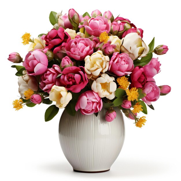 白い背景に隔離された花瓶の中のチューリップの花束