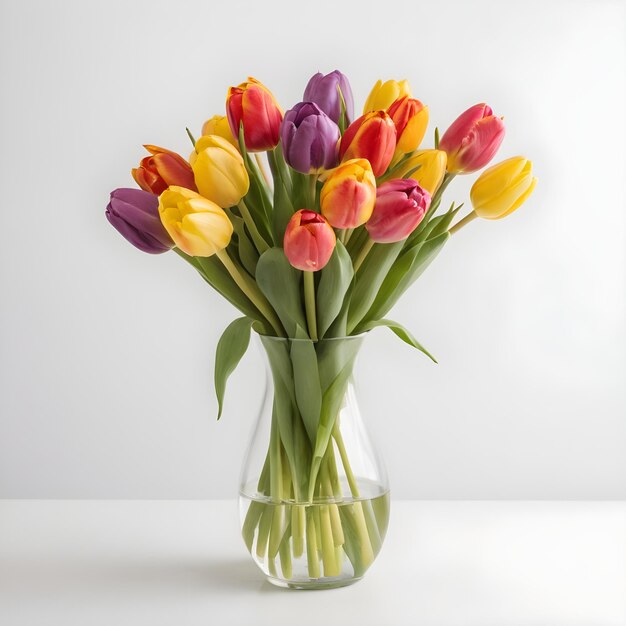 A bouquet of tulips in a vase white background