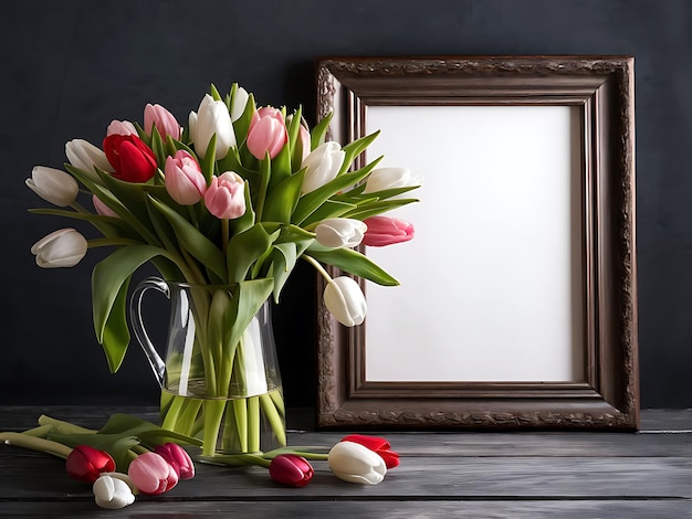 Bouquet of Tulips in Vase with Empty Frame in Front View