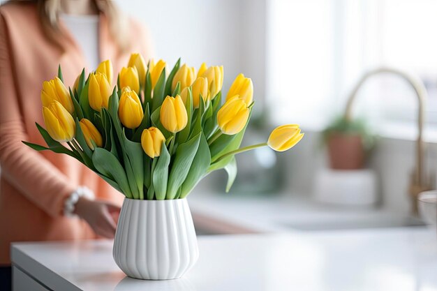 A bouquet of tulips on a white table