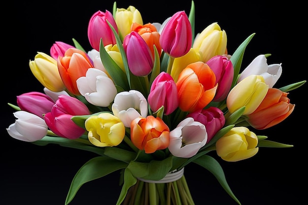 A bouquet of tulips with a black background.