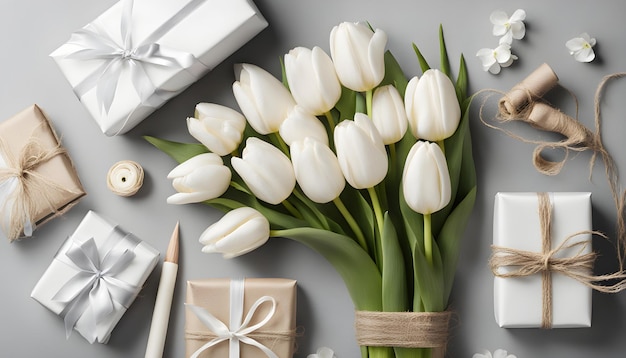 a bouquet of tulips with a box of gift wrappers