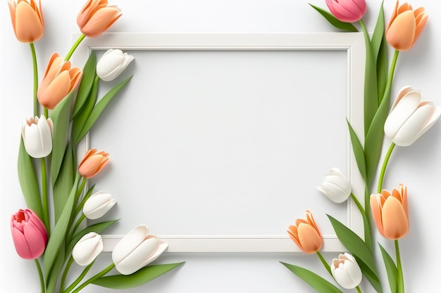 Bouquet of tulips with a frame and copy space on a white background illustration for mother's day or women's day Generative ai