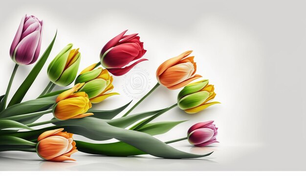 A bouquet of tulips with orange yellow and green leaves