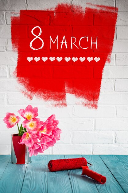 Bouquet of tulips on wood table. Woman's day. 8 March. Spring holiday and home renovation concept