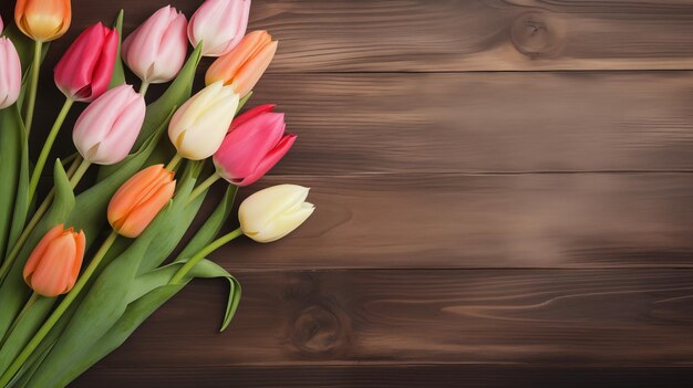 Photo bouquet of tulips on wooden background with copy space as greeting card concept for womens day