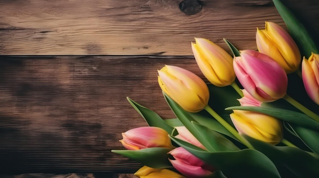 A bouquet of tulips on a wooden background