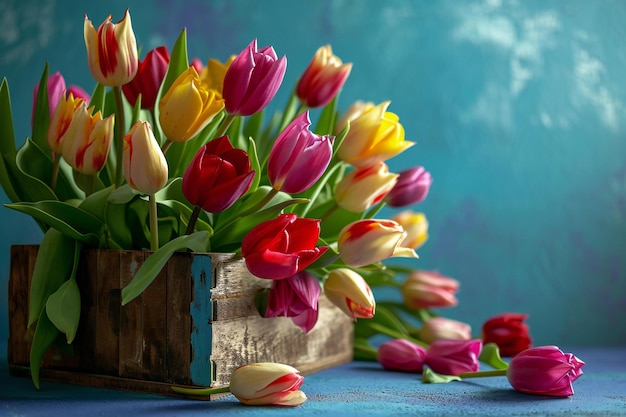 Bouquet of tulips in a wooden box on a blue background