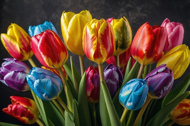 A bouquet of tulips wrapped in colorfu