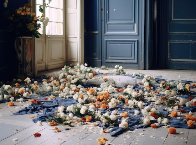 Bouquet van bloemen op de vloer verspreid bloemen romantiek gecreëerd met Generative AI technologie