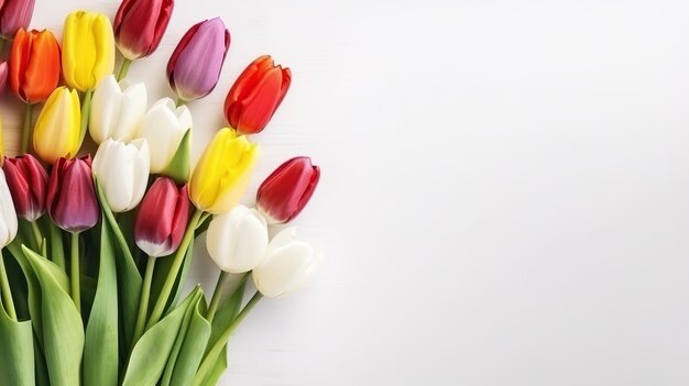Bouquet van kleurrijke tulpenbloemen witte muurruimte voor tekstkopie-ruimte