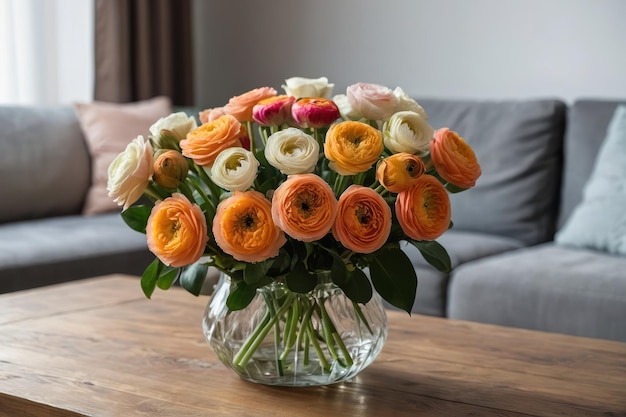 Bouquet van prachtige ranunculus op tafel in de woonkamer