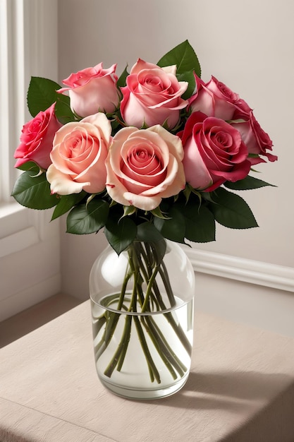 Bouquet van prachtige roze rozen in een vaas op tafel binnen