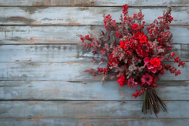 Foto bouquet van rode bloemen op blauwe houten achtergrond