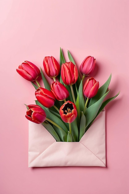 Bouquet van rode tulpen in een envelop op een roze achtergrond