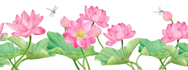 Bouquet van roze bloemen met knoppen en sierlijke takken naadloze rand waterverf digitaal