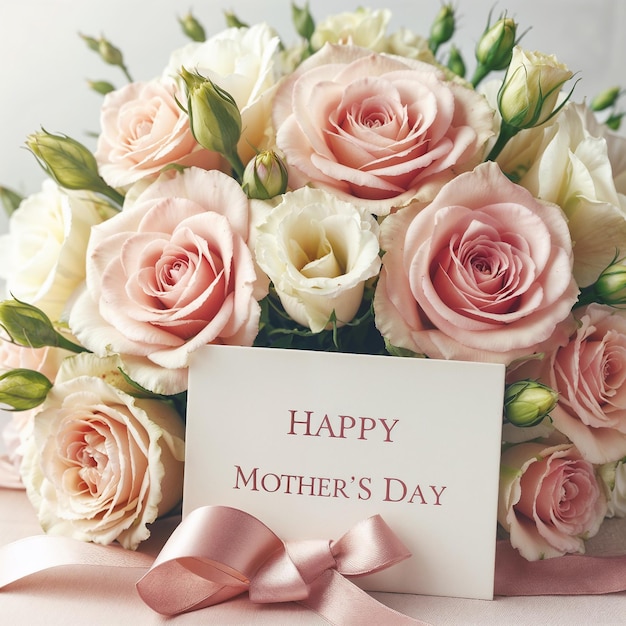 Bouquet van roze en witte bloemen met kaart geschreven Gelukkige Moedersdag AI gegenereerd