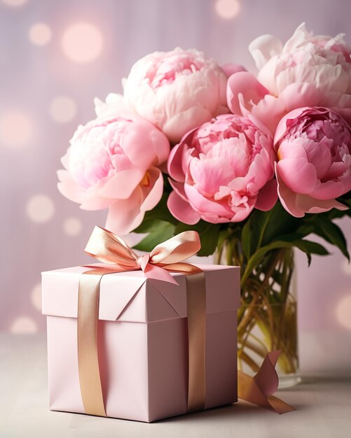 Bouquet van roze pioenen en geschenkdoos