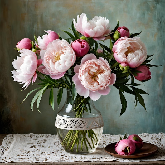 Bouquet van roze pioenen in een vaas op tafel