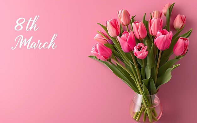 Bouquet van tulpen in een vaas met felicitaties op 8 maart Internationale Vrouwendag39s