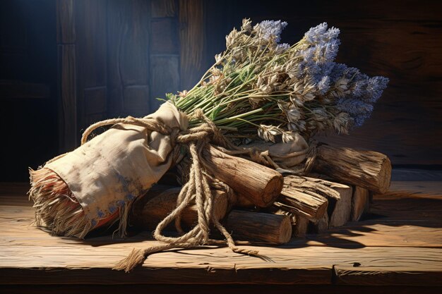 Bouquet van verschillende gedroogde alpine kruiden gebonden met touw op een houten tafel Lavendel rozemarijn tijm