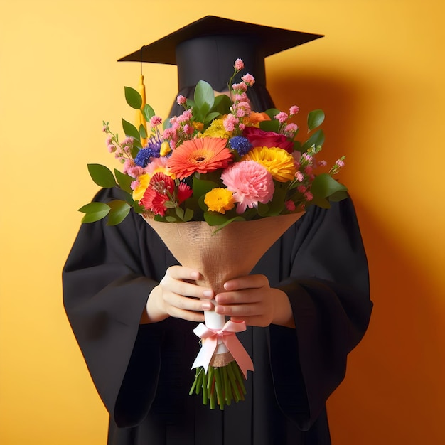 Photo a bouquet of vibrant flowers held by a graduate signifying the joy of graduation day isolated on a