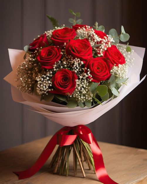 bouquet of vibrant red roses interlaced with delicate baby's breath