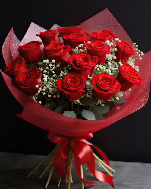 bouquet of vibrant red roses interlaced with delicate baby's breath