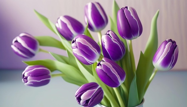 Bouquet of violet tulips on pastel background Generative AI