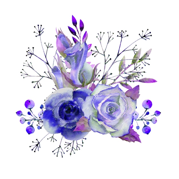 A bouquet of watercolor blue roses, leaves and decorative twigs