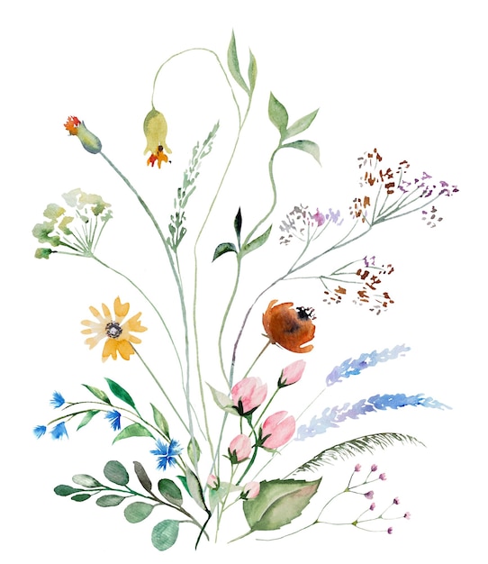 水彩の野生の花と葉の花束夏の結婚式と分離されたイラストの挨拶