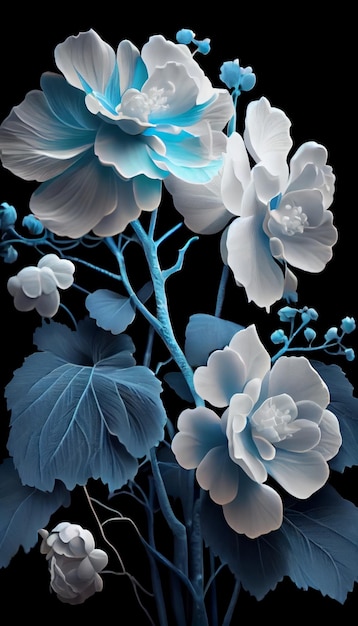 Bouquet of white and blue flowers on a black background generative ai