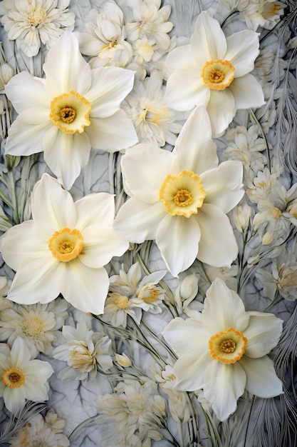 a bouquet of white daffodils in a flower bed