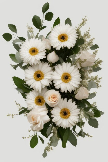 A bouquet of white daisies and roses with green leaves.