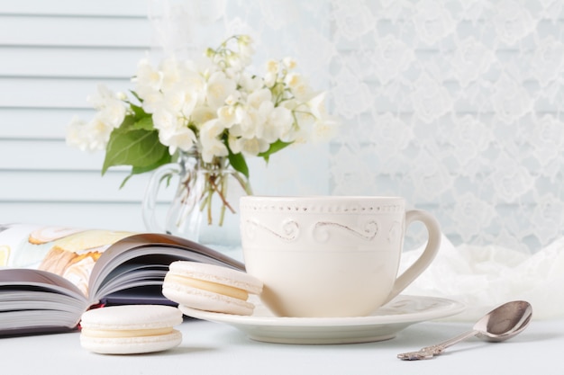 Bouquet of white flowers as a romantic gift for breakfast