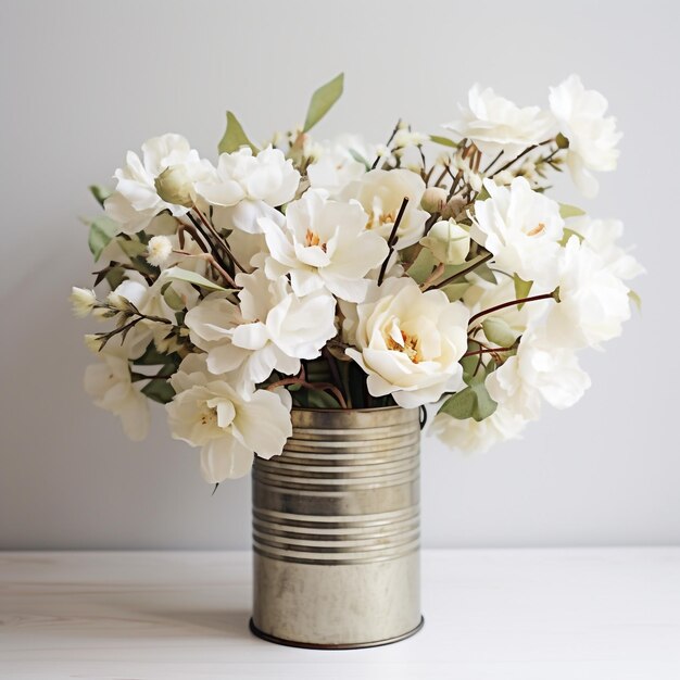 a bouquet of white flowers in a bucket on the white background