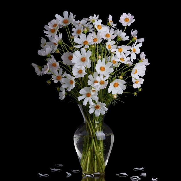 黒の背景の花瓶に白い花の花束