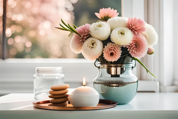 Bouquet of white flowers in a vase candles on vintage copper tray wedding home decor on a table