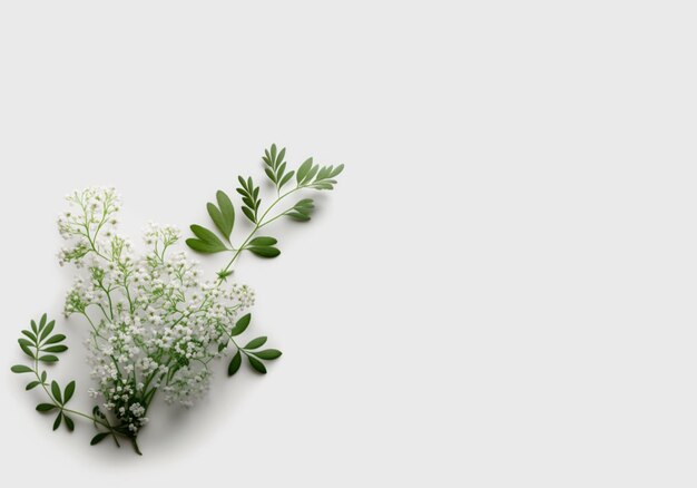 A bouquet of white flowers with green leaves on a white background