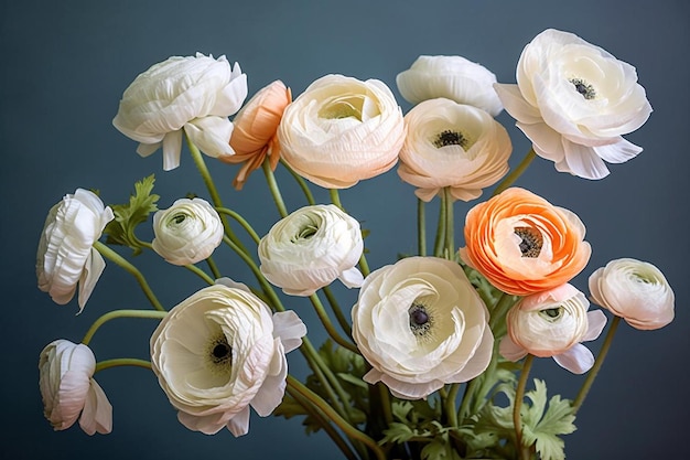 A bouquet of white flowers with orange and pink petals.