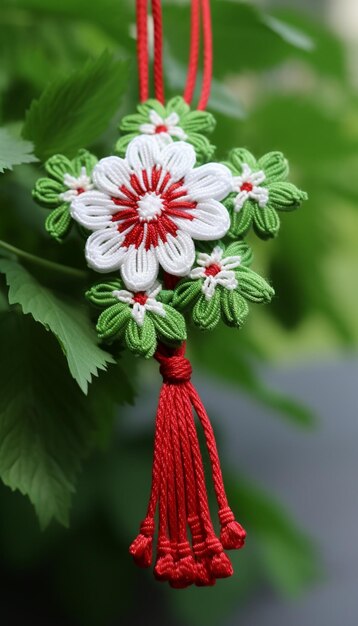 Bouquet of white flowers with red ribbons on green background