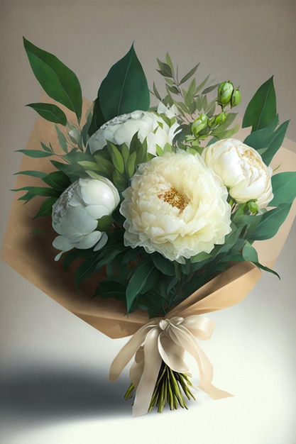 Bouquet of white flowers wrapped in brown paper generative ai