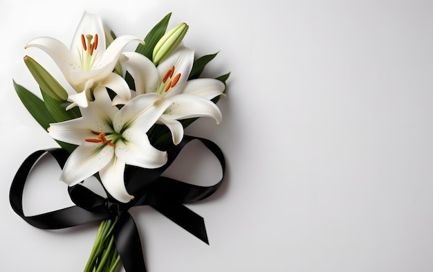 A bouquet of white lilies with a black ribbon on the top.